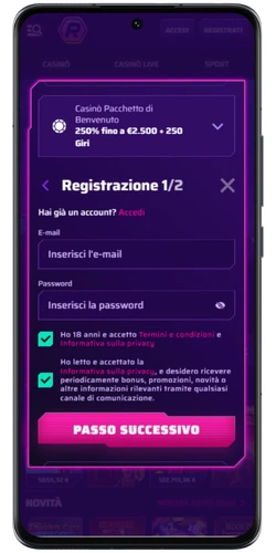 Modulo di registrazione su Roby Casino